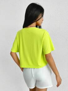 SHEIN EZwear Áo thun nữ Gân đan màu trơn Giải trí - Màu xanh chanh - Xem 3