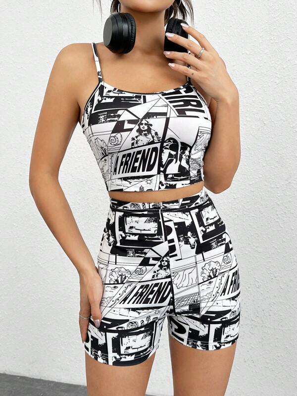 SHEIN EZwear Top cu imprimeu Pop Art și pantaloni scurți biker