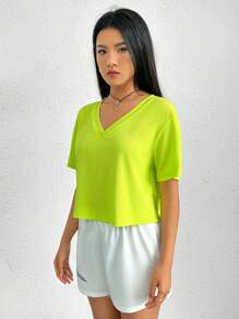 SHEIN EZwear Áo thun nữ Gân đan màu trơn Giải trí - Màu xanh chanh - Xem 4