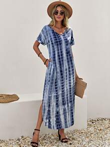 SHEIN LUNE 紮染下擺開叉隱藏口袋連衣裙 - 藍白色 - 查看 1