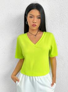 SHEIN EZwear Áo thun nữ Gân đan màu trơn Giải trí - Màu xanh chanh - Xem 5