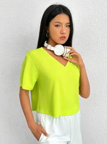 SHEIN EZwear Áo thun nữ Gân đan màu trơn Giải trí - Màu xanh chanh - Xem 6