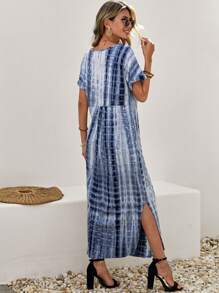 SHEIN LUNE 紮染下擺開叉隱藏口袋連衣裙 - 藍白色 - 查看 2