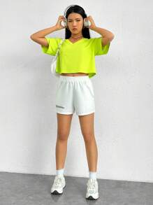SHEIN EZwear Áo thun nữ Gân đan màu trơn Giải trí - Màu xanh chanh - Xem 7