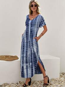 SHEIN LUNE 紮染下擺開叉隱藏口袋連衣裙 - 藍白色 - 查看 3