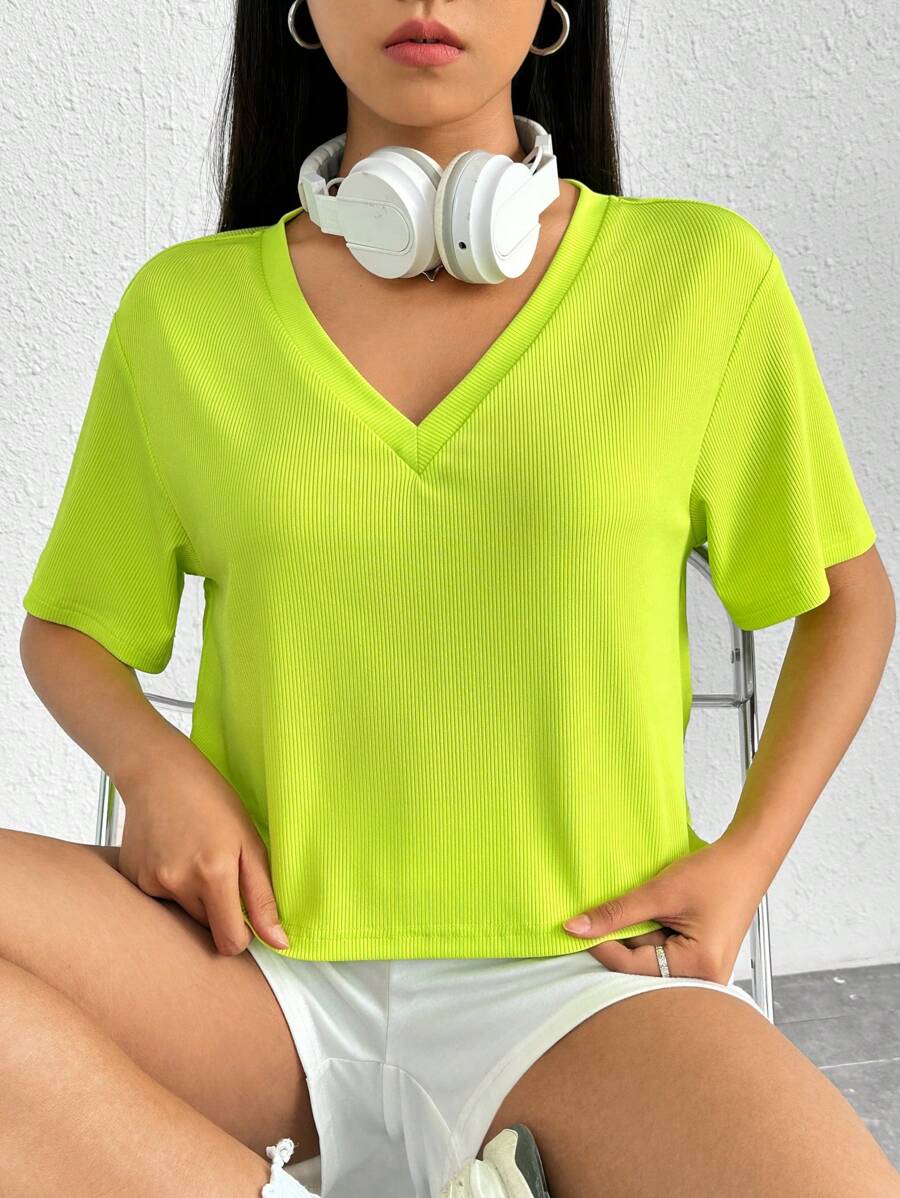 SHEIN EZwear Áo thun nữ Gân đan màu trơn Giải trí - Màu xanh chanh - Xem 1