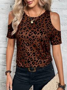 SHEIN LUNE Leopard Print Cold Shoulder Tee - Brown - View 1