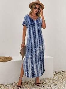 SHEIN LUNE 紮染下擺開叉隱藏口袋連衣裙 - 藍白色 - 查看 4