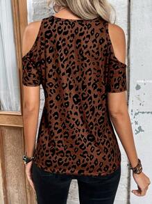 SHEIN LUNE Leopard Print Cold Shoulder Tee - Brown - View 2