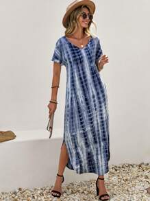 SHEIN LUNE 紮染下擺開叉隱藏口袋連衣裙 - 藍白色 - 查看 5