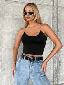 SHEIN Privé 素色吊帶上衣 - 黑色 - 查看 3