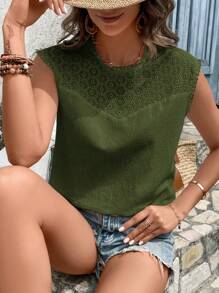 SHEIN VCAY Solid Eyelet Embroidery Sleeveless Blouse - Army Green - View 5