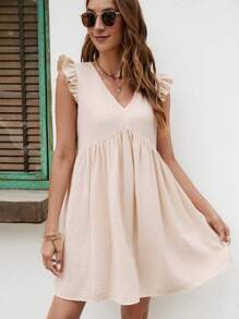 SHEIN VCAY Solid Ruffle Trim Smock Dress - Apricot - View 3