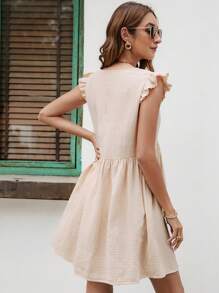 SHEIN VCAY Solid Ruffle Trim Smock Dress - Apricot - View 2