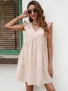 SHEIN VCAY Solid Ruffle Trim Smock Dress - Apricot - View 4