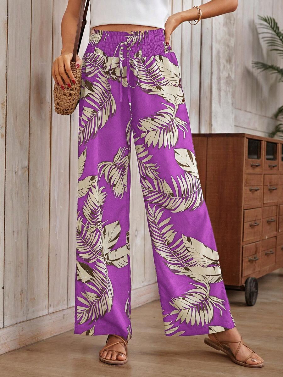 SHEIN VCAY Tropical Print Tie Front Wide Leg Trousers - Violet Purple - View 1