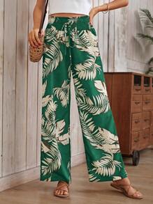 SHEIN VCAY 波西米亞打結 打褶熱帶印花女士長褲 - 墨綠色 - 查看 2