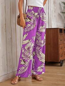 SHEIN VCAY Tropical Print Tie Front Wide Leg Trousers - Violet Purple - View 3