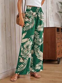 SHEIN VCAY 波西米亞打結 打褶熱帶印花女士長褲 - 墨綠色 - 查看 3