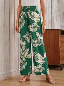 SHEIN VCAY 波西米亞打結 打褶熱帶印花女士長褲 - 墨綠色 - 查看 4