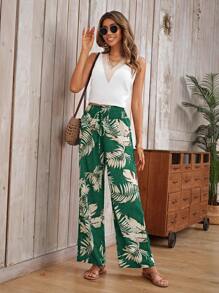 SHEIN VCAY 波西米亞打結 打褶熱帶印花女士長褲 - 墨綠色 - 查看 5