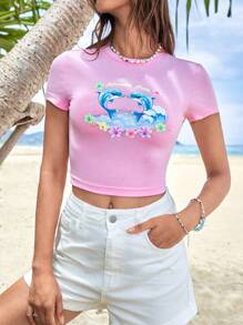 SHEIN Qutie Floral & Letter Graphic Crop Tee - Baby Pink - View 1
