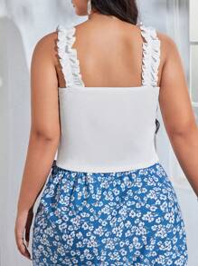 Dreamara Áo hai dây Plus Size viền lá sen Gân đan màu trơn Giải trí - trắng - Xem 2