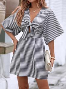 SHEIN Clasi Striped Print Knot Front Dress - Black and White - View 1