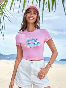 SHEIN Qutie Floral & Letter Graphic Crop Tee - Baby Pink - View 3