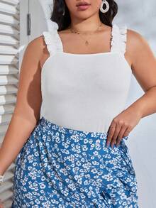 Dreamara Áo hai dây Plus Size viền lá sen Gân đan màu trơn Giải trí - trắng - Xem 4