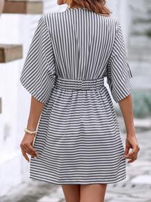 SHEIN Clasi Striped Print Knot Front Dress - Black and White - View 2