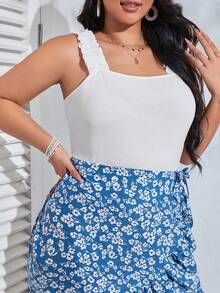 Dreamara Áo hai dây Plus Size viền lá sen Gân đan màu trơn Giải trí - trắng - Xem 5