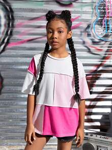 SHEIN Tops con gái Đắp vá Khối Màu Lá thư Giải trí - Nhiều màu - Xem 3