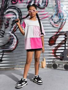 SHEIN Tops con gái Đắp vá Khối Màu Lá thư Giải trí - Nhiều màu - Xem 4