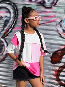 SHEIN Tops con gái Đắp vá Khối Màu Lá thư Giải trí - Nhiều màu - Xem 5