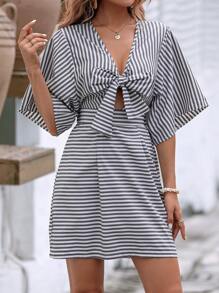 SHEIN Clasi Striped Print Knot Front Dress - Black and White - View 5