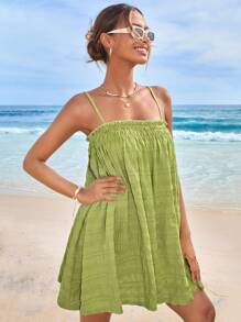 Soleia Đầm viền lá sen Dải chun màu trơn Boho - Màu xanh chanh - Xem 3