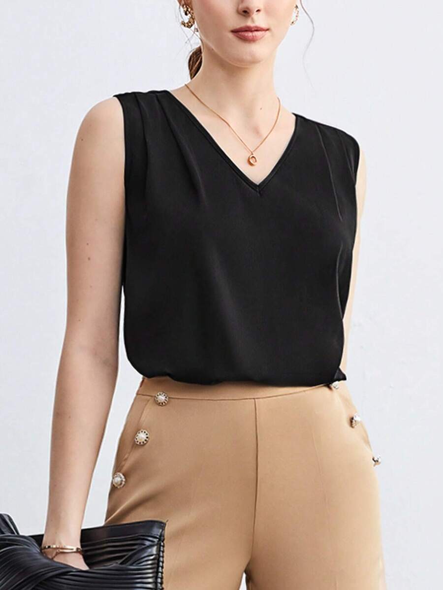 BizChic Women Sleeveless V-Neck Ruffle Solid Color Camisole, Elegant For Commuting - Black - View 1