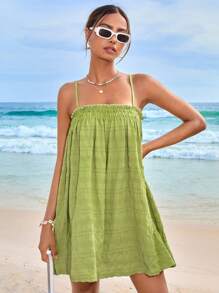 Soleia Đầm viền lá sen Dải chun màu trơn Boho - Màu xanh chanh - Xem 4