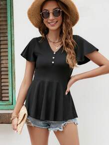 SHEIN VCAY Áo thun nữ Viên lá sen Nút phía trước màu trơn Giải trí - màu đen - Xem 1