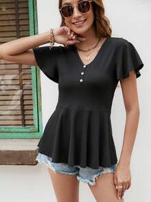 SHEIN VCAY Áo thun nữ Viên lá sen Nút phía trước màu trơn Giải trí - màu đen - Xem 3