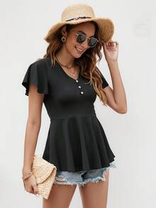 SHEIN VCAY Áo thun nữ Viên lá sen Nút phía trước màu trơn Giải trí - màu đen - Xem 4