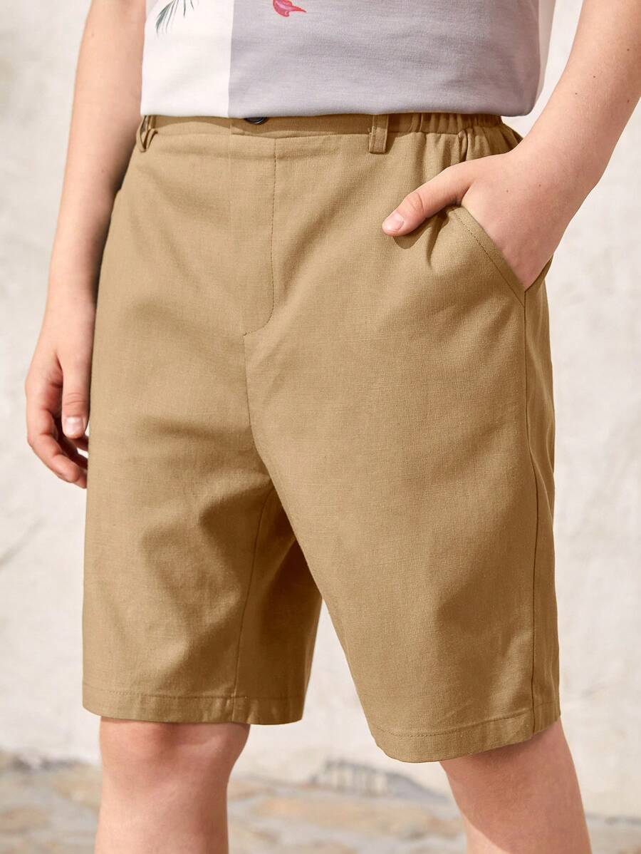 SHEIN Quần Short Trai Nút Túi màu trơn Giải trí - Màu Khaki - Xem 1