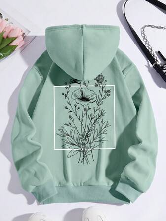 INAWLY Plus Floral & Letter Graphic Drawstring Thermal Lined Hoodie, Winter Graduation,Back To School Outfits,Graduation,Teacher Outfits For Women,Back To School