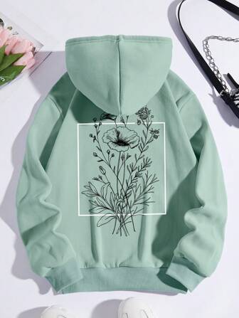 SHEIN EZwear Sweat-Shirt À Capuche Fleuri Et Lettre À Cordon À Doublure Thermique