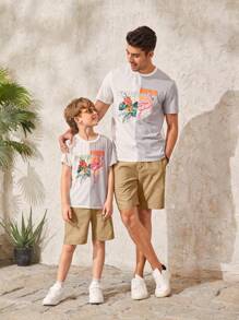 SHEIN Quần Short Trai Nút Túi màu trơn Giải trí - Màu Khaki - Xem 2