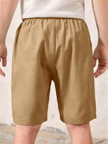 SHEIN Quần Short Trai Nút Túi màu trơn Giải trí - Màu Khaki - Xem 5