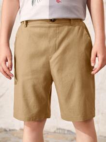 SHEIN Quần Short Trai Nút Túi màu trơn Giải trí - Màu Khaki - Xem 6