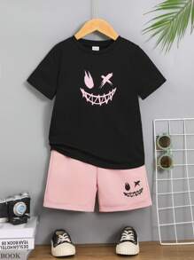 SHEIN 2pcs/set Toddler Boys' Casual Comfortable Fashionable Simple Practical Adorable Expression Printed T-shirt And Shorts - Multicolor - View 1