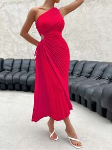 Firerie 單肩腰部鏤空百褶下擺連衣裙 - 玫紅色 - 查看 5